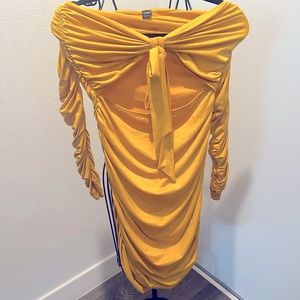 Long sleeve strapless scrunch sleeve dress